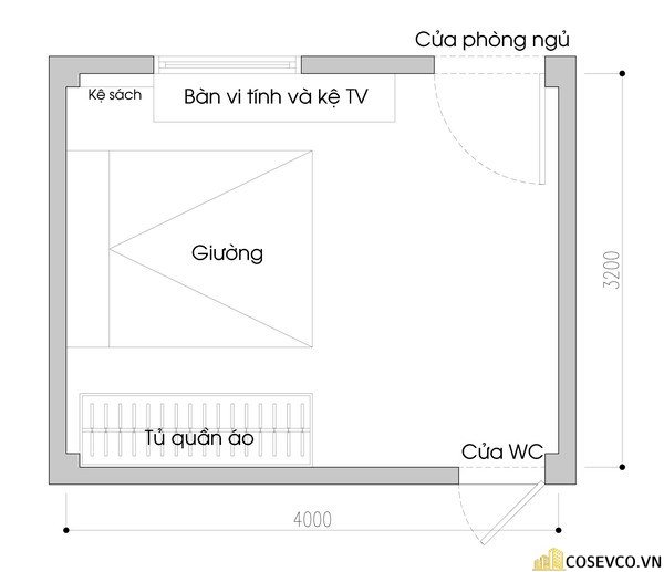 Bản vẽ thiết kế phòng ngủ 10m2 đơn giản