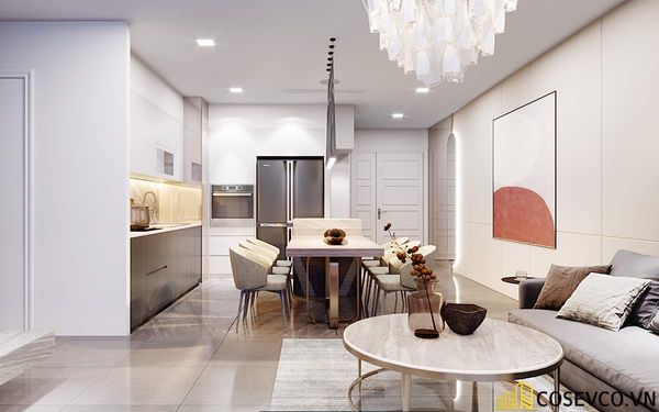 Thiết kế nội thất chung cư 70m2 với phòng khách liền kề bếp thoáng rộng